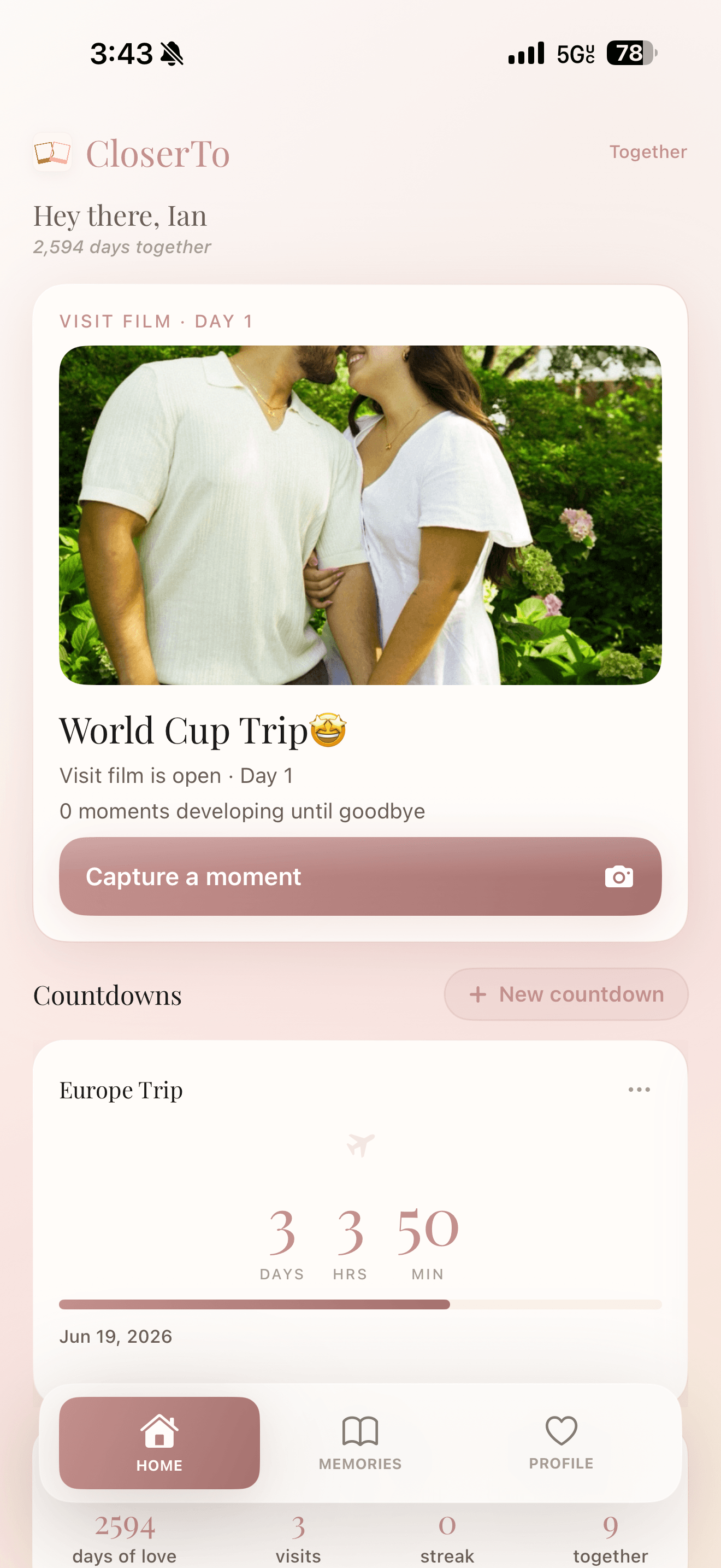 CloserTo home screen with an active visit and reunion countdown
